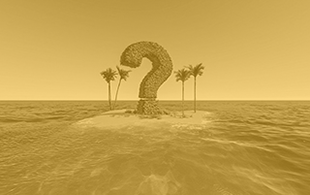 A question mark on a tropical island